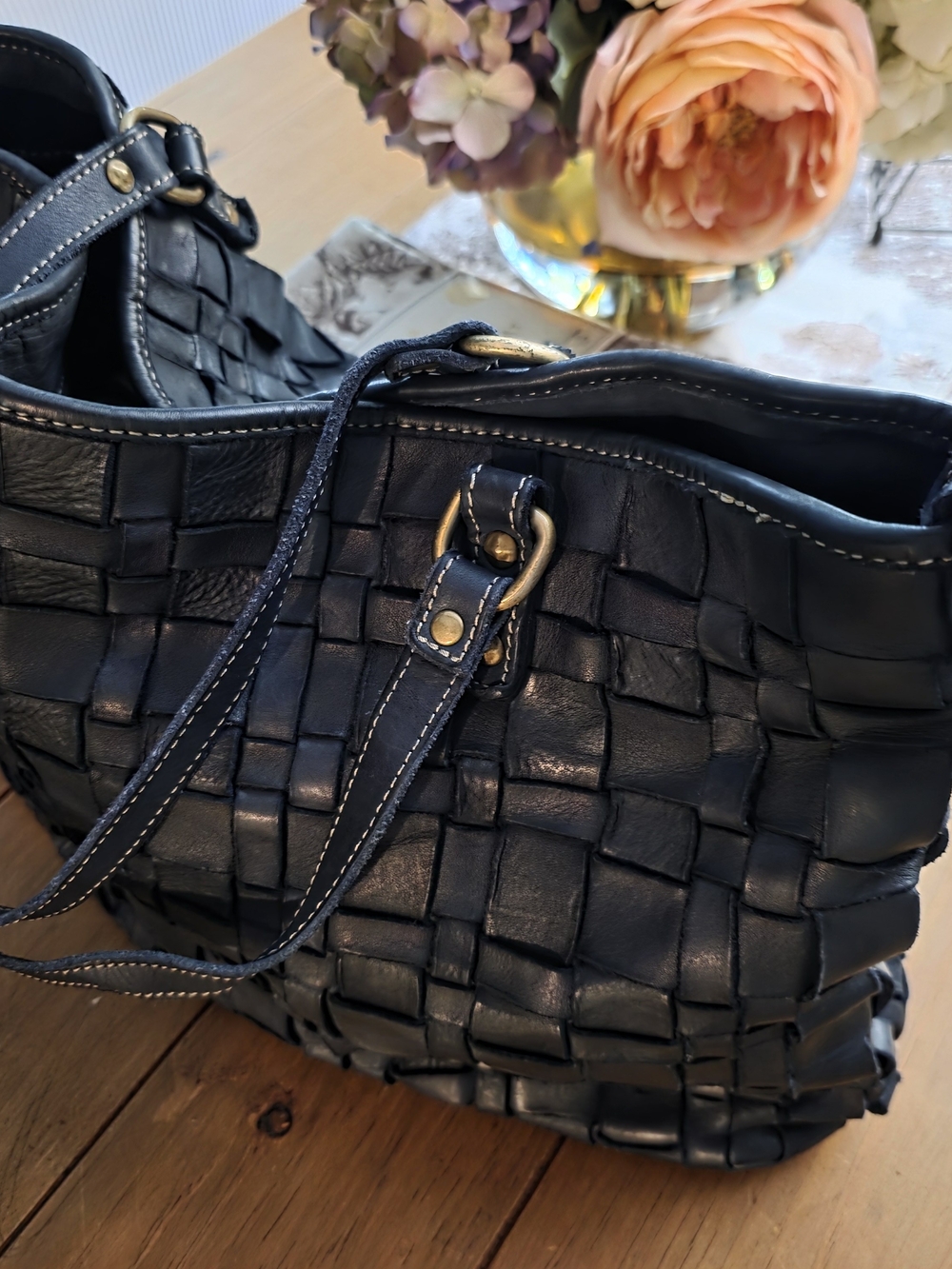 Sundance Black Woven Leather Shoulder Bag